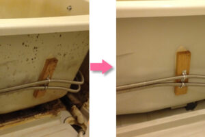浴槽エプロン内部清掃例、水垢、カビの除去